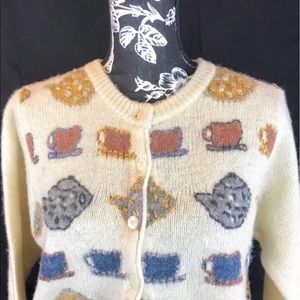 The Limited wool button up cardigan tea motif.